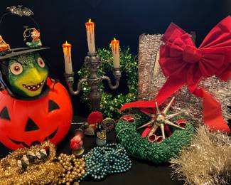 Vintage  Porcelain Dresden Leprechauns, Christmas Tinsel, & Garland, Rooster From Portugal, & More