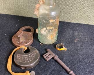 Vintage Locks With Keys And Glass Bottle 