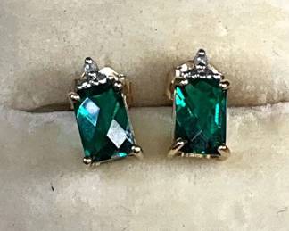 10k Gold, Emerald And Diamond Studs