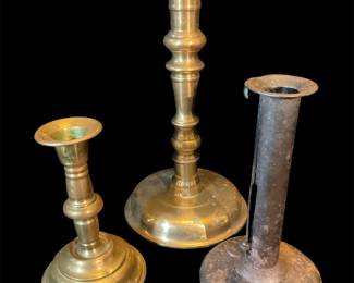 Antique  Candlesticks-Hog Scrapper Push Up And A Pair Of Solid Brass