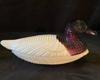 Purple Slag Cut Glass Duck Dish