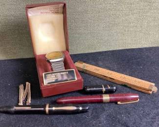 Vintage Watch, Pens And Folding Ruler