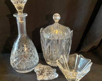 Waterford Crystal frog, Block lidded ice bucket, Orrefors signed candy bowl and crystal decanter