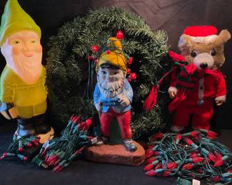 Green Gnome Blow Mold, Cement Garden Gnome, & Roller Skating Santa & Lights