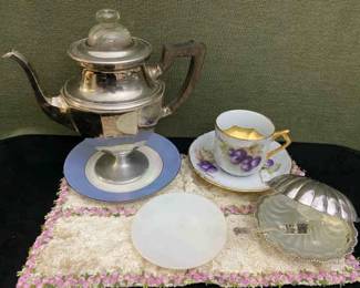 Vintage Coffe Pot, Gilded Mustache Cup, Silverplate Pieces More