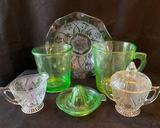 Vintage Uranium Green Glass &  Herringbone & Iris Pressed Glass Pieces