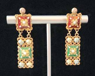 Vintage Gold Tile Dangle Pierced Earrings 
