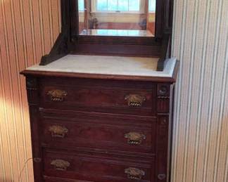 Antique Marbke Top Dresser With Mirror Missing Key