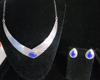 Sterling Silver Necklace With Blue Stone And Matching Earrings. By E Yazzie