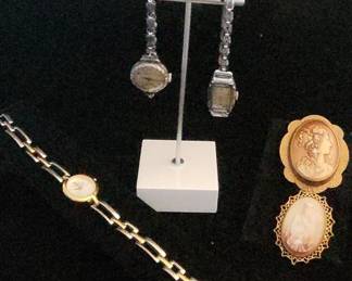 Three Vintage Womens Wristwatches And Two Cameos 