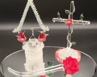 Spun Glass Wishing Well, Cross And Rose