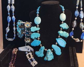 Lot Of Three Necklaces And Four Bracelets Colorful Glass Beads, Chunky Stone, Metallic Stretch 