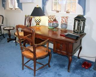Drexel Desk, Leather Seat Desk Chair, MacKenzie-Child’s Candle Lamp, MacKenzie-Child’s Vases