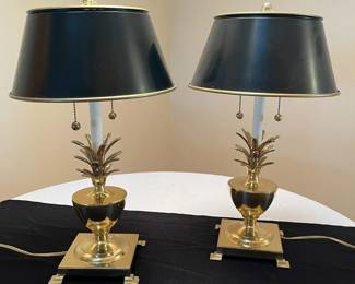 Vintage 1970s Solid Brass Pineapple Table Lamp Pair W Original Black Metal Shades