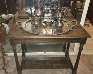 Antique Mahogany Side Table - Silver Tea Set with Tray
