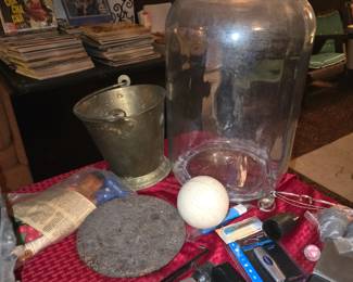 Vintage Glass Bottle - Brass Bucket -