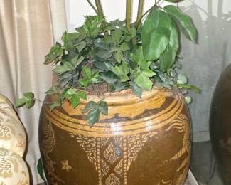 Oversized Large Chinese Dragon Martaban Pot Brown Mustard Glazed Pot - We have a pair!