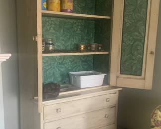 Antique painted cabinet…fabric lined interior