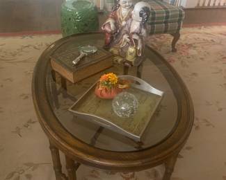 Beveled glass top coffee table with bamboo styling