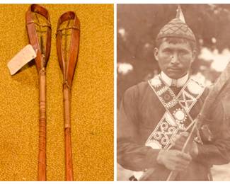 Very early Native American Lacrosse or Stick Ball Racquets. Pictured is a 1908 Mississippi Choctaw holding one. 