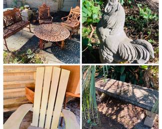 Many outside statues, patio furniture, flower pots and a huge stack of unused bricks. 