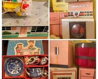 Lots of early little girls Christmas toys including a Marx brand tin dollhouse with doll furniture 