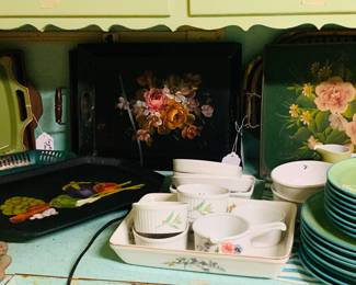 several large tole  painted serving trays