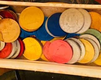 box filled with 1950's-1960s Mardi Gras doubloons (most New Orleans)