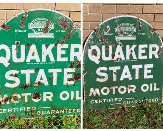 Early two sided tombstone Quaker State enameled sign