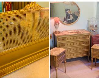 Vintage Hollywood Regency style dresser, night stands and head and footbosrd