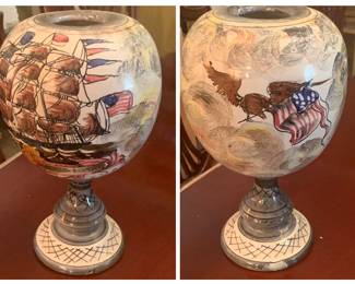 Italian Art pottery featuring the American battle ships and the flag. 