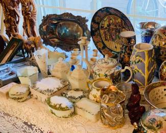 many pieces of 19th century dresser sets that include hair receivers, glove boxes, covered trinket boxes etc