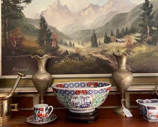 1950’s landscape by Roland and a selection of Imari style oriental porcelain