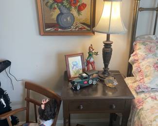 Maple child’s rocker and country pine nightstand with wonderful poppy still life needlepoint