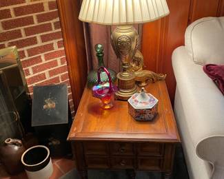 One of a pair of mahogany end tables and oak footstool