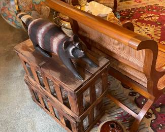 Old wooden crates of fruit jars wood carved raccoon