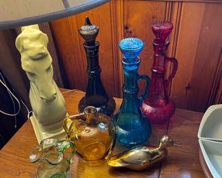 Vintage Jim Beam decanters and 50’s pottery horse head lamp