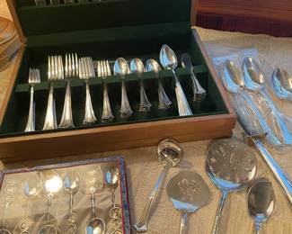 Set of Wallace “America “ Sterling flatware with serving pieces and a set of Chinese sterling coffee spoons
