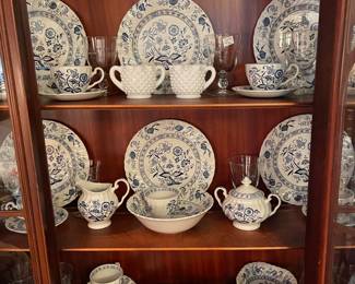 Johnson Bros. “ Blue Nordic” dinnerware and Fenton Hobnail milk glass
