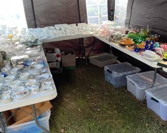 We have a 10’x30’ tent full of collectible glassware dishes and kitchen ware