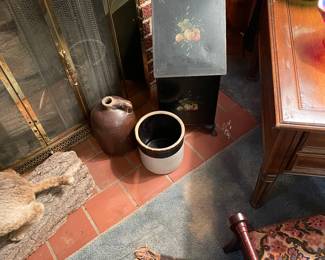 Victorian painted coal hopper and old crockery