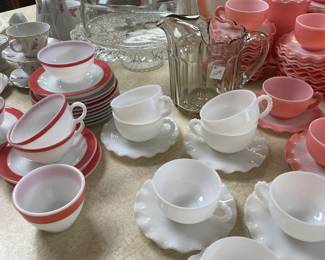Vintage Pyrex dishes and “Ripple” depression glass cups and saucers