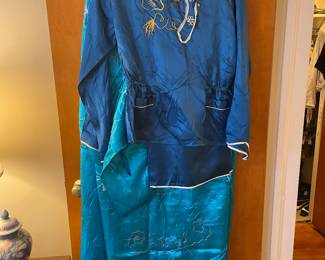 Vintage oriental silk pajamas and vintage oriental silk bedspread with pillow shams