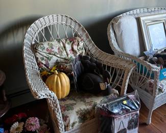 Wicker chairs, love seat, and end table 