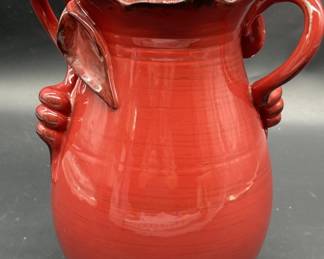 Double Handled w/ Fall Leaf Red Ceramic Vase