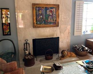 Italian ceramic lion, chrome furniture