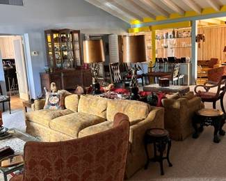 Sofas, chairs, lamps, console tables, hutch 