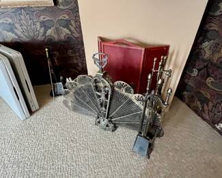 Three fireplace sets including screens