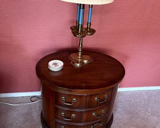 Vintage Thomasville Banded Round Drum Side Tables (pair) and Bouillotte Lamp