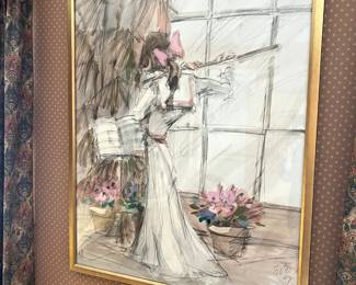Vintage Watercolor Print Numbered Girl with Flute